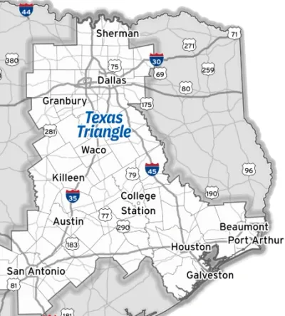 Texas Triangle service-area map